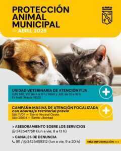 La Municipalidad informa el cronograma de acciones de Protección Animal para abril de 2026